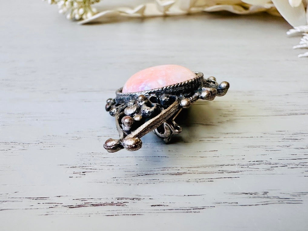 Pink Coral Brooch, Victorian Silver Filigree Pin with Oval Mottled Coral Cabochon, VTG Antique Silver Pin Victorian Revival Accessories
