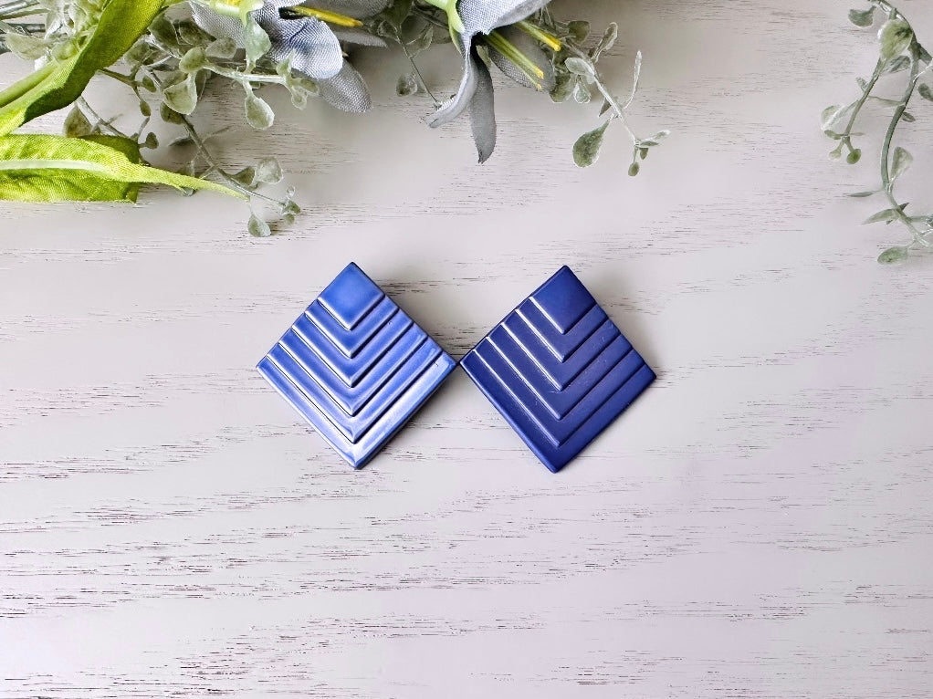 1980s Purple Earrings, Metallic Enamel Oversized Square Pierced Earrings, Fun 80s Vintage Earrings, Futuristic Tiered Big Geometric Studs