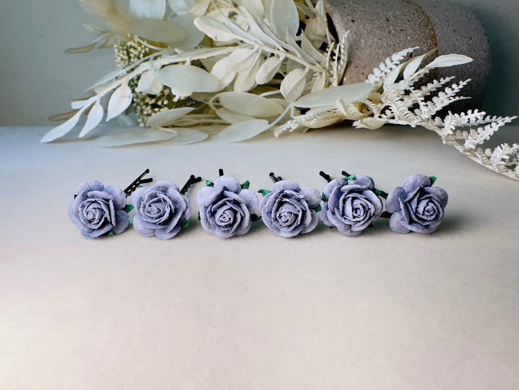 Dark Grey Rose Hair Pin Set, 6 Handmade Paper Flower Bobby Pins in Beautiful Deep Gray, Timeless Bridal Hair Accessories for Floral Wedding MPR6