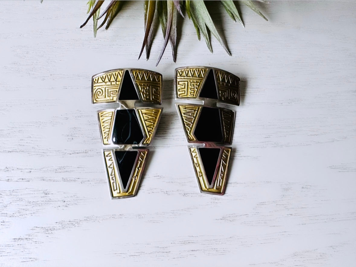 Rare Vintage Berebi Earrings, 1980s Black and Gold Pierced Post Earrings, 80s Dramatic Graduated Tiered Triangle Pierced Earrings