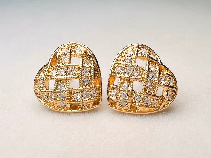 Napier Heart Earrings, Woven Gold Pave Crystal Designer Vintage Earrings