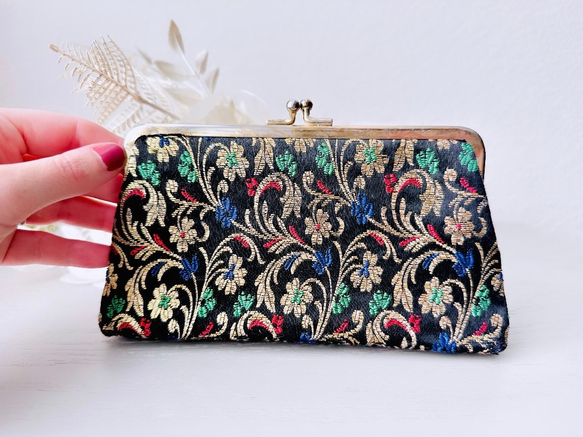 Black Vintage Clutch with Metallic Gold, Red, Green and Blue Emboidery, Floral Handbag Purse, Retro Mid Century Flower Chic Evening Purse