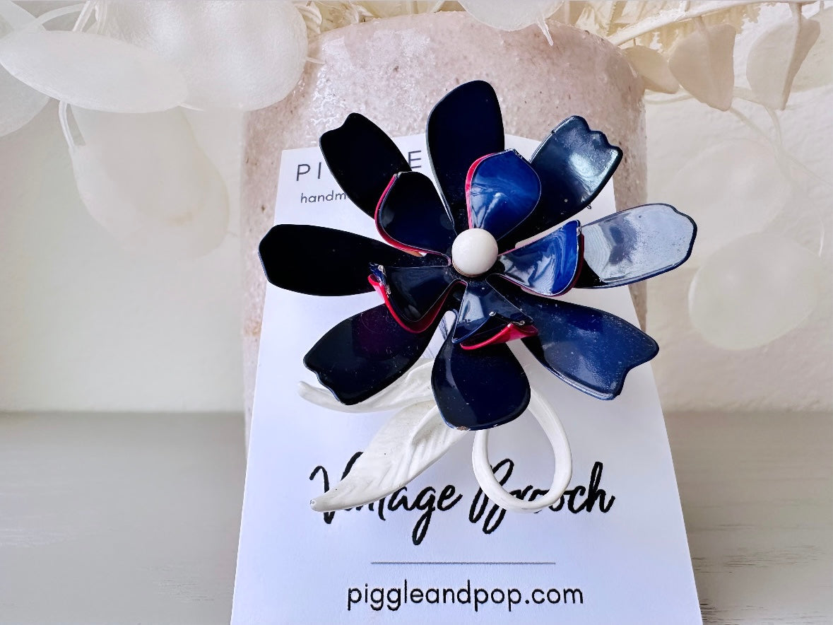 Vintage Flower Brooch, Navy Enamel Flower Pin, 1960s Floral Enamel Pin, Vintage Mod 60's Flower Power Navy Hot Pink and White Retro Brooch