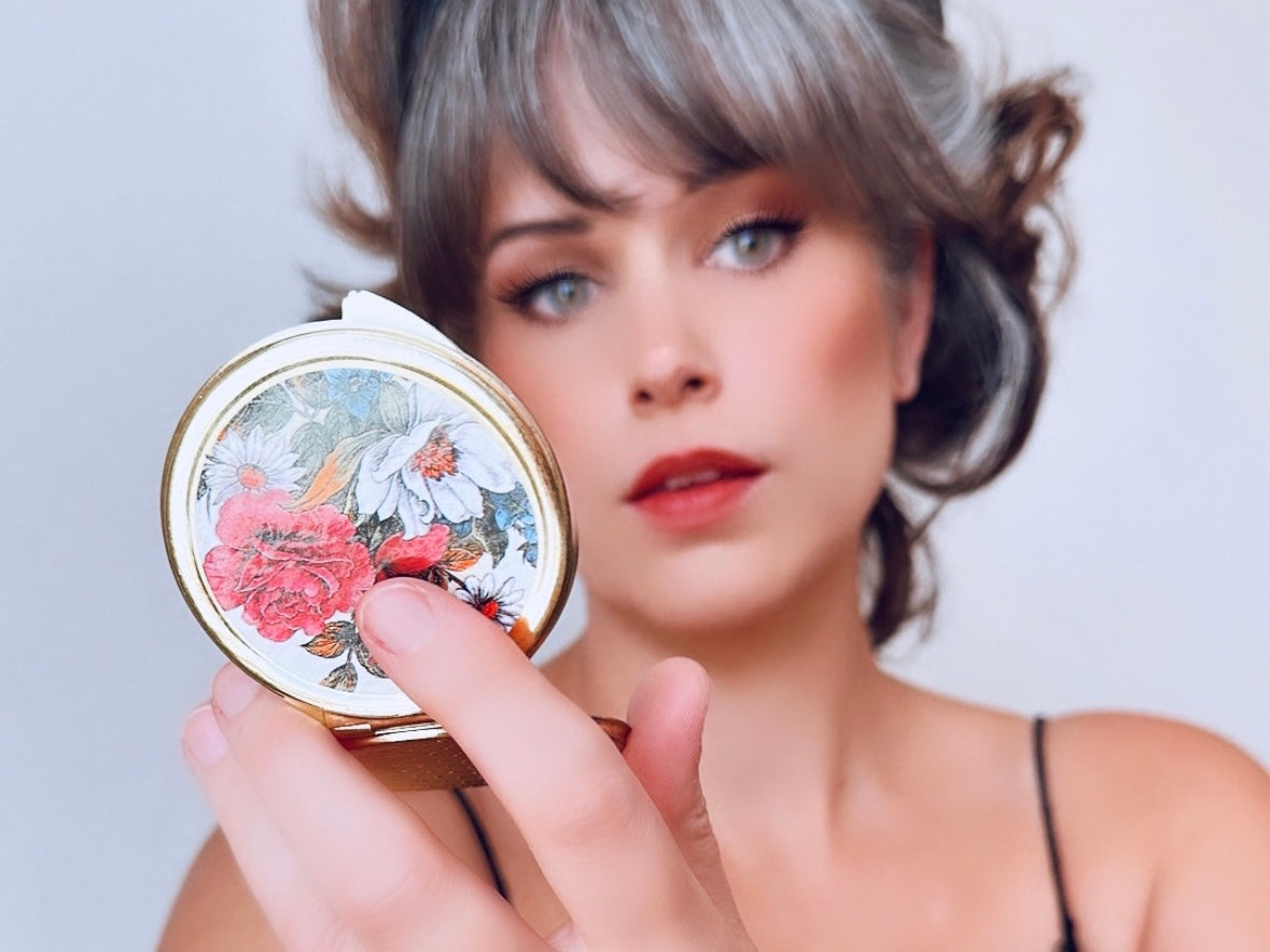 Vintage Flower Compact Mirror, Gold Vintage 1970’s Rose Pocket Mirror, Vtg 70s Colorful Floral Makeup Mirror, Pretty Flip Mirror