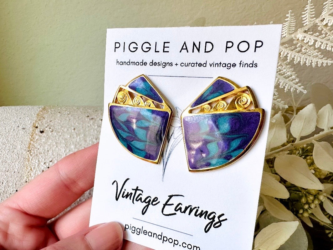 Vintage Purple Teal Gold Earrings, 1980s Pierced Post Earrings, Authentic Vintage Designer Berebi Earrings, Pearlized Enamel Geometric Lace