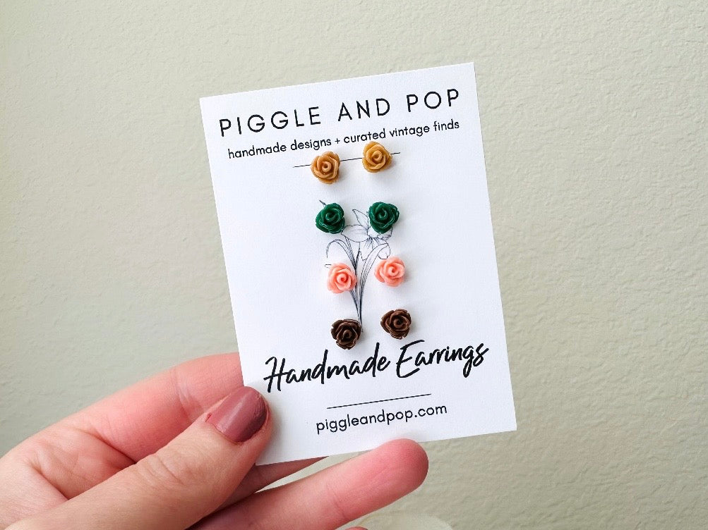 Rose Post Earrings, Caramel Emerald Pink and Chocolate Flower Stud Earrings Set