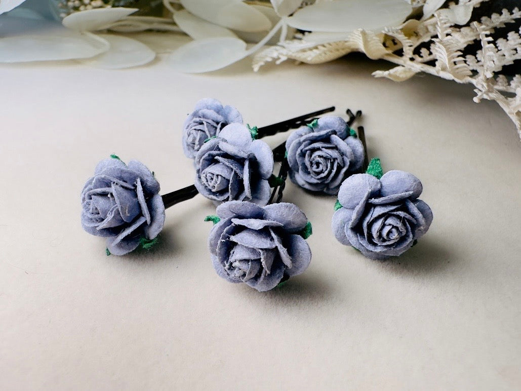 Dark Grey Rose Hair Pin Set, 6 Handmade Paper Flower Bobby Pins in Beautiful Deep Gray, Timeless Bridal Hair Accessories for Floral Wedding MPR6