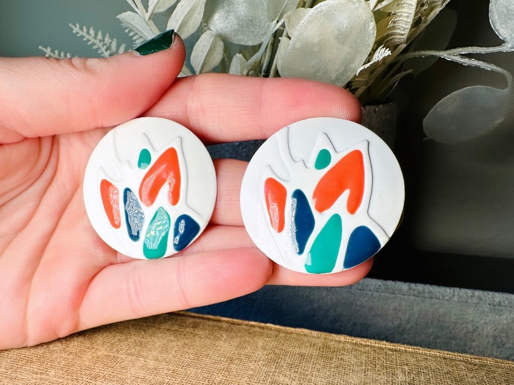 Teal Orange Blue and White Oversized Geometric Enamel Earrings, Fun 1980's Vintage Earrings, Colorful Interesting Retro Painted Earrings