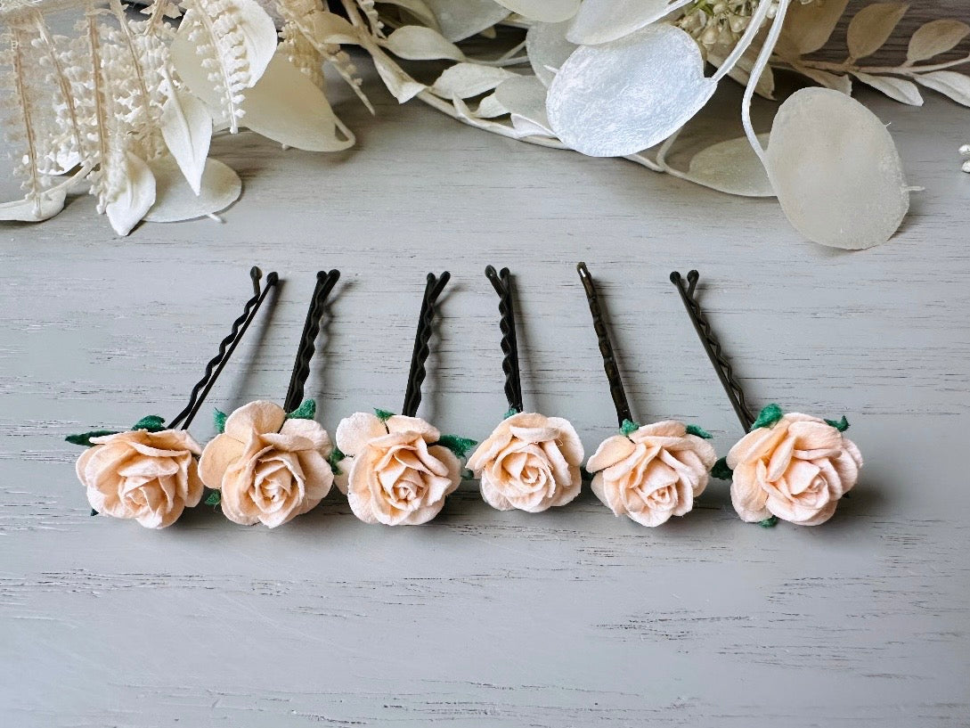 Light Peach Rose Bobby Pins, Handmade Spring Hair Flower Set