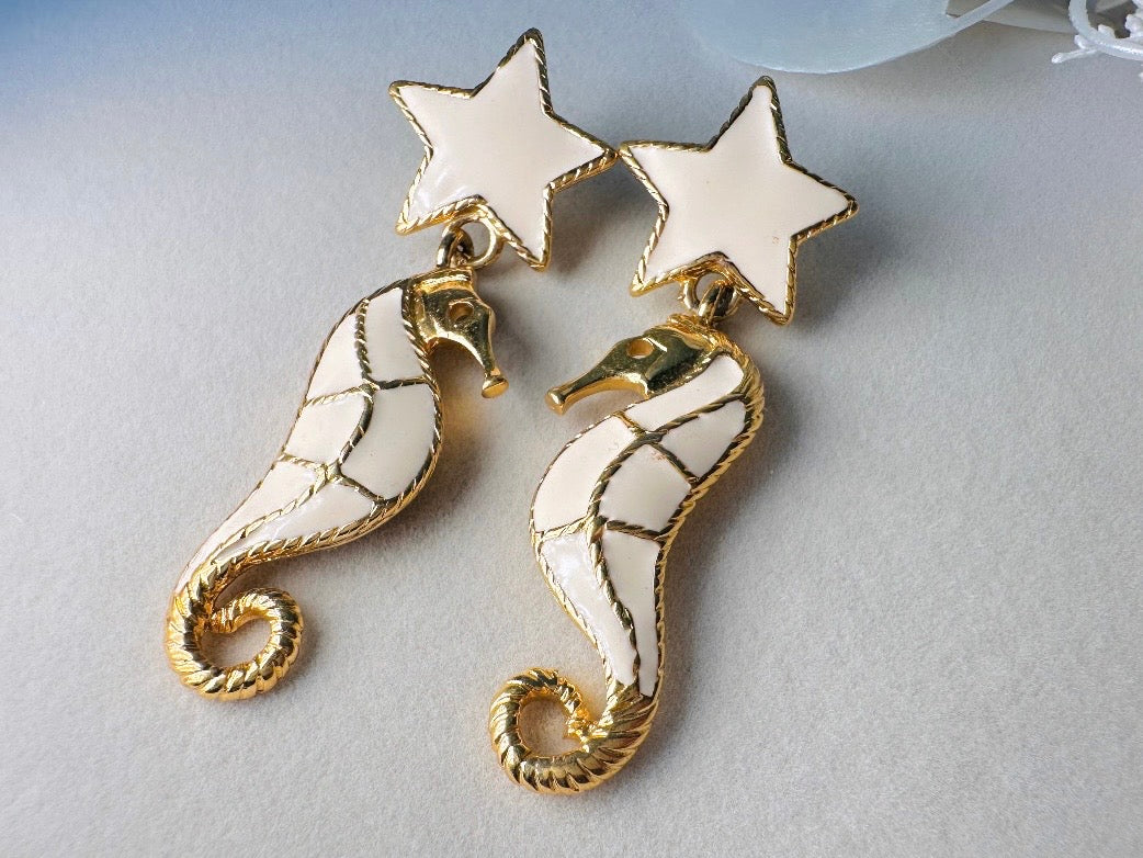 Trifari Seahorse Earrings, Vintage Gold Plated Cream Enamel Seahorses and Stars, Vintage Pierced Dangle Stud Earrings, Designer Vintage