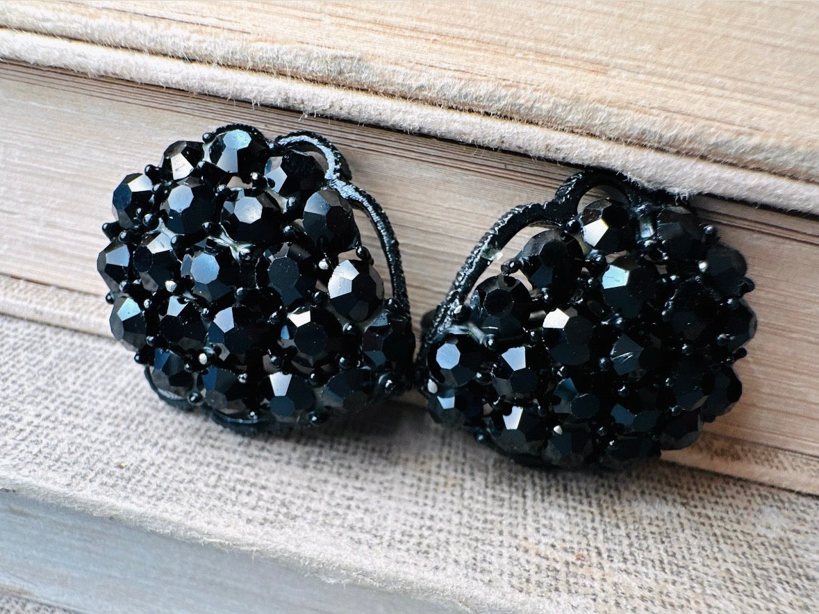 All Black 1960's Sparkling Earrings, 60s Signed Designer Weiss Vintage Teardrop Clip On Black Rhinestone on Black Enamel Earrings