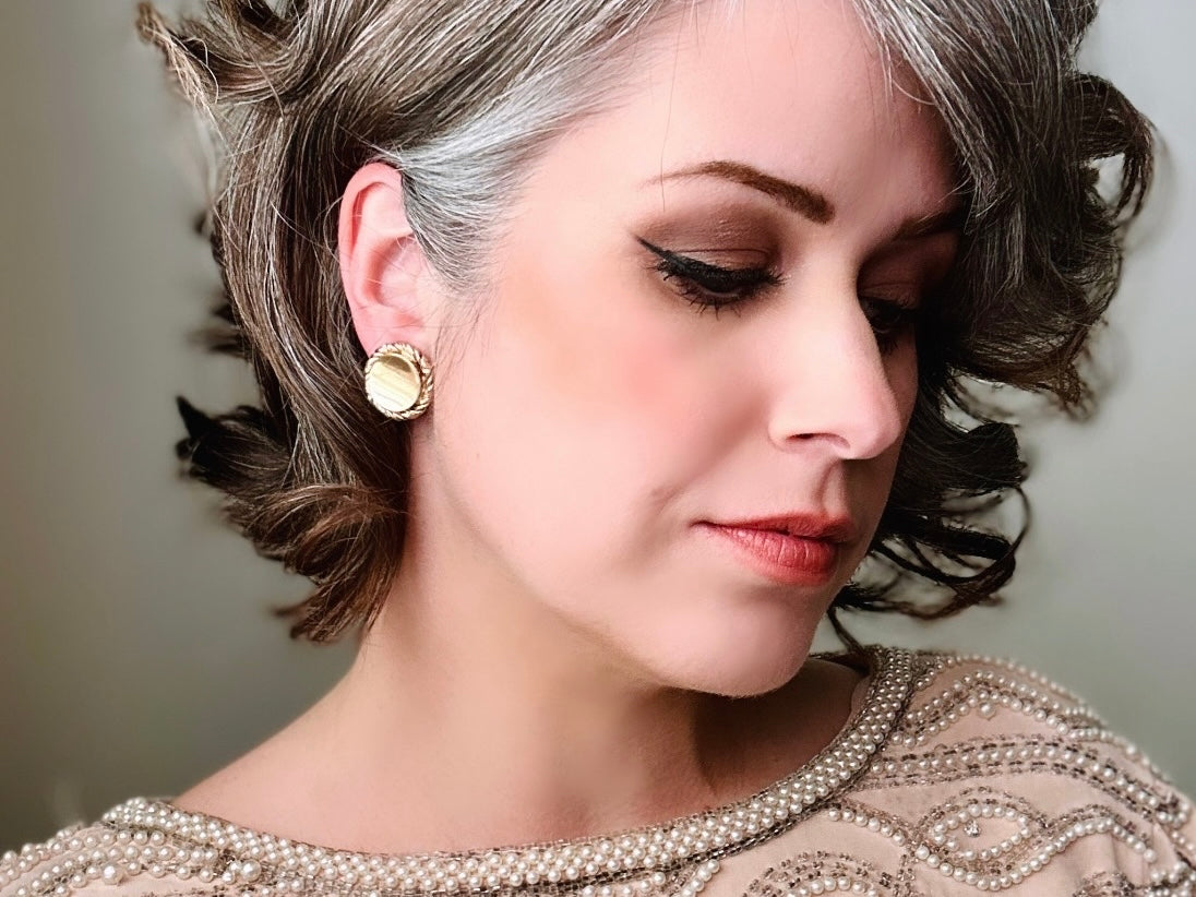 Gold Vintage Clip On Earrings with Rope Border, Unique Classic Gold Button Earrings 3/4" Clip-Ons for Non-Pierced, Bergere Earrings