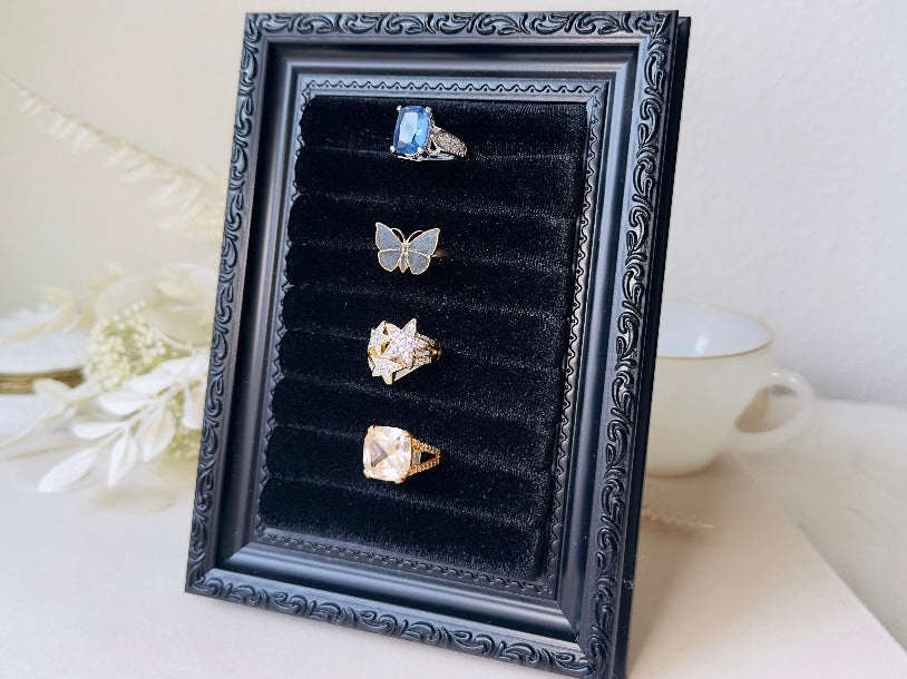002 Black Velvet Jewelry Display Frame, Handmade Victorian Style Midnight Black Ring Holder