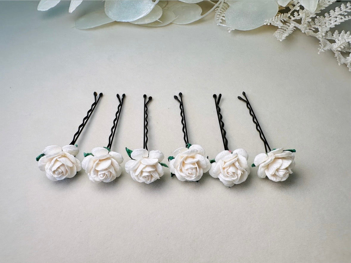 White Rose Bobby Pins, Mulberry Paper Hair Flower Set