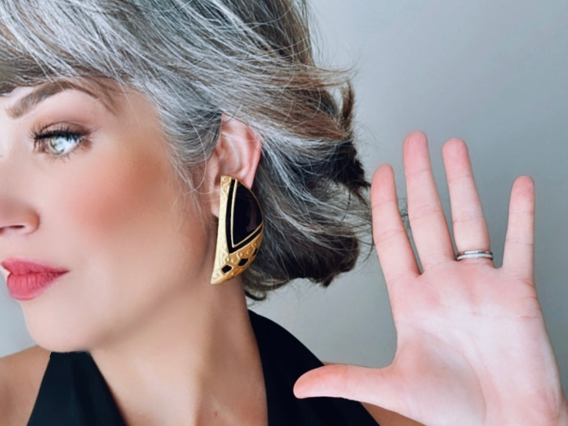 Rare Vintage Berebi Earrings, 1980s Black and Matte Gold Clip on Earrings, 80s Dramatic Enamel Embossed Gold Earrings, Statement Art Earring