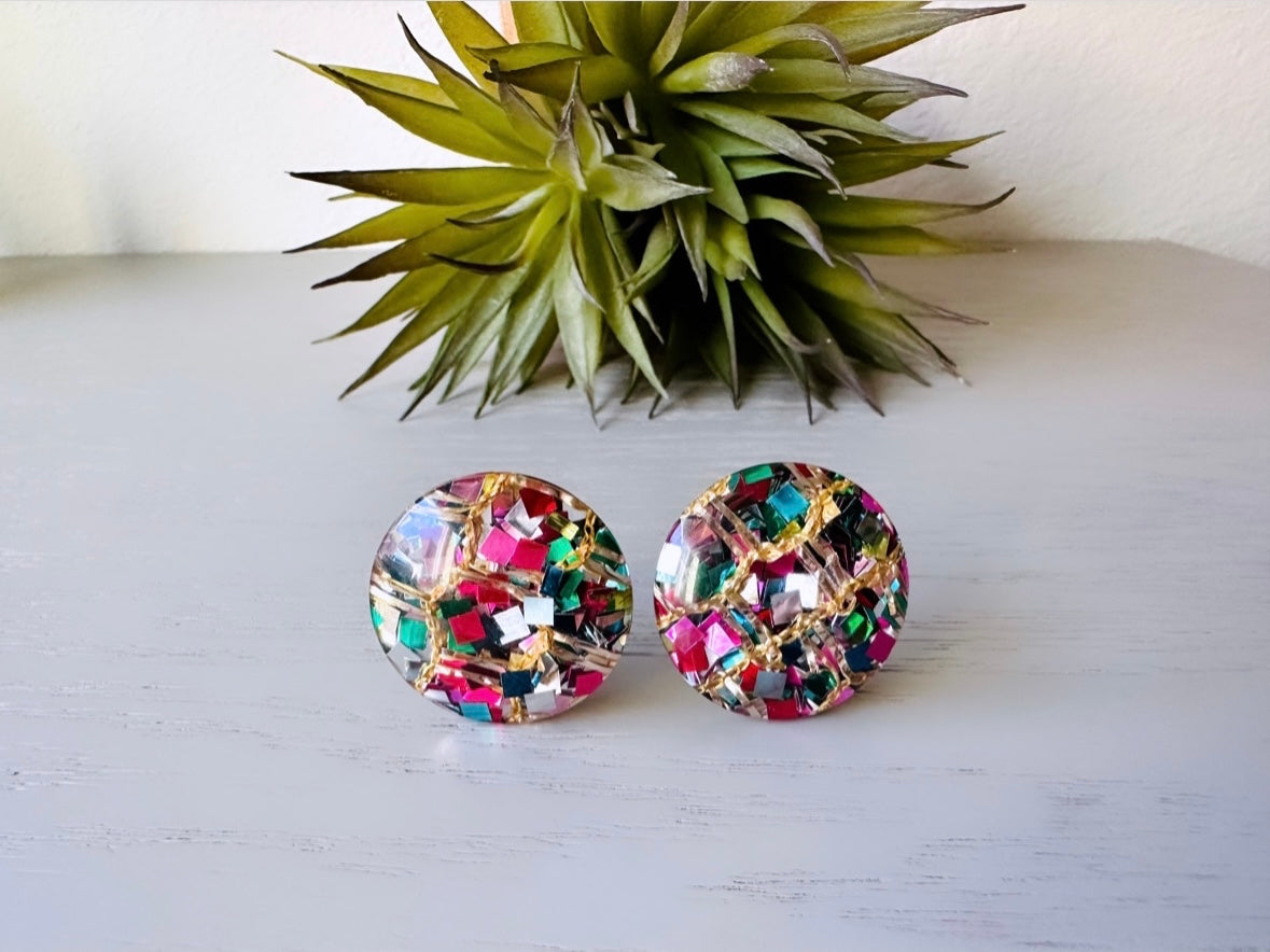 Rainbow Confetti Earrings, Glitter Rainbow Party Earrings, Vintage Colorful Confetti Clip on Earrings, Mod 60s Retro Fashion