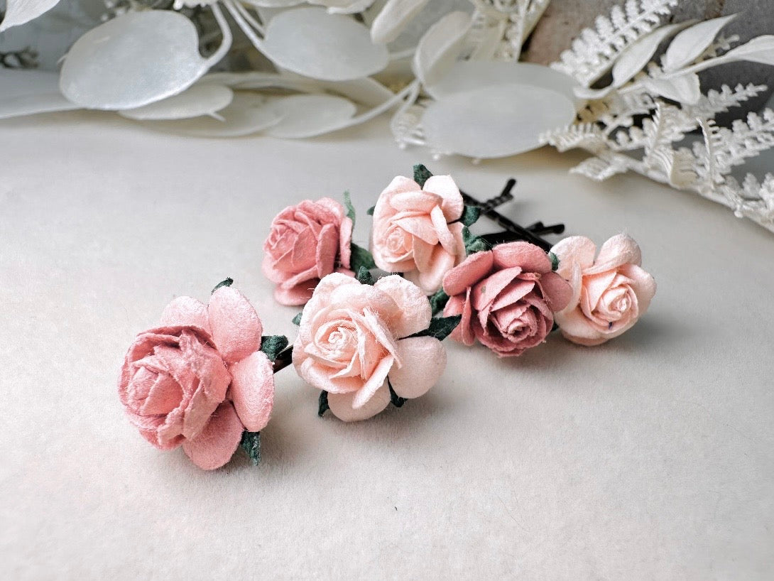 Wedding Hair Flowers, Blush Pink Flower Hair Pins, Wedding Hair Accessories, 6 Paper Flowers, Dusty Pink Rose Hair Clip, Floral Bobby Pin MPR6