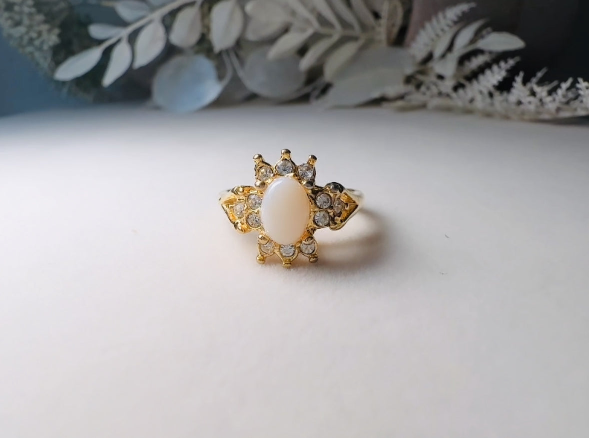 Vintage Cocktail Ring, Faux Opal and Diamond Rhinestone 1960's Costume Fashion Ring, Gold Toned Diamond Hollywood Regency Ring Size 6.5