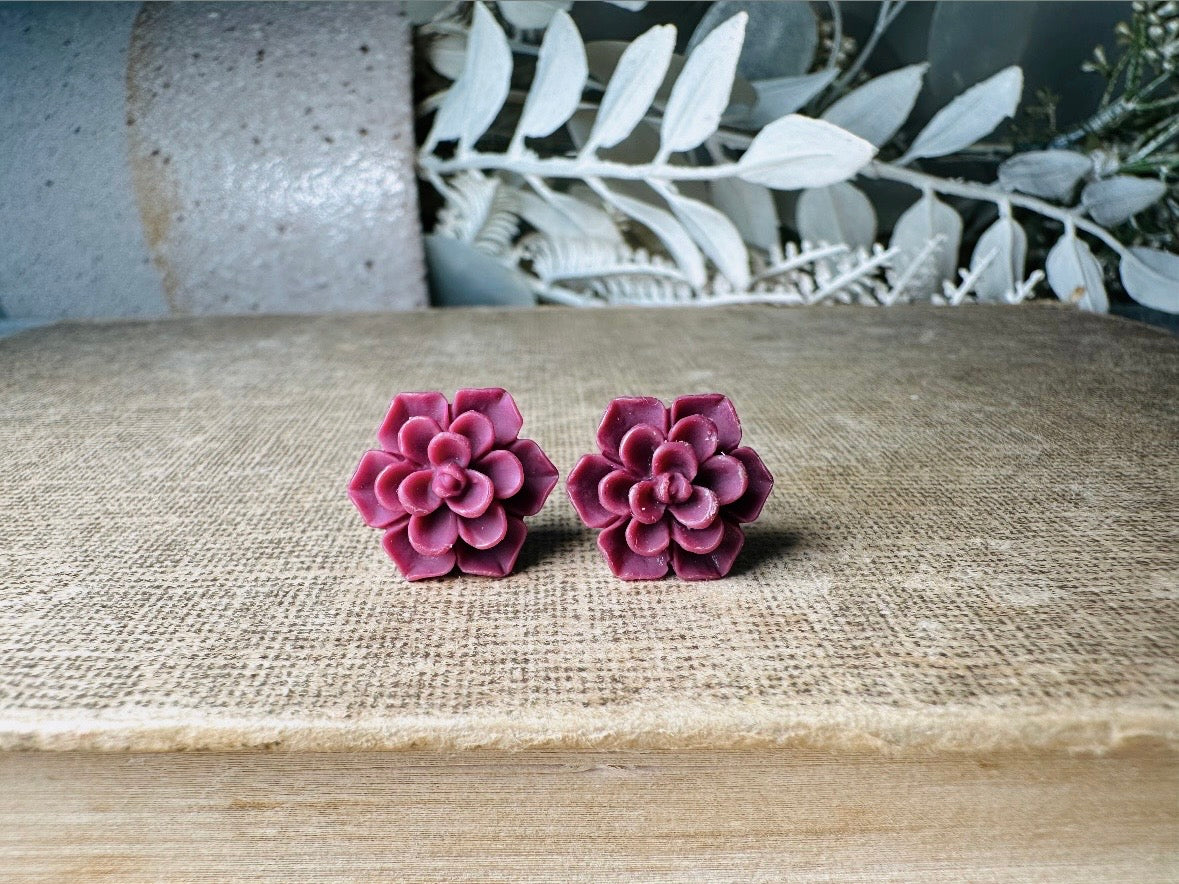 Wine Flower Earrings, Matte Succulent Earrings, 13mm Hypoallergenic Post Earrings, Boho Floral For Everyday Wear Earrings