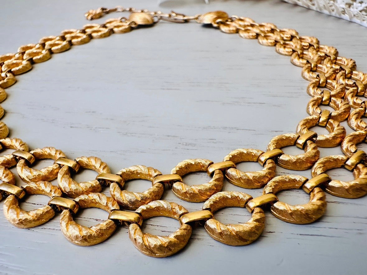 Gold Vintage Double Chain Necklace, Textured Matte Gold Layered Loops, Bold 80s Mogul Style, Leaf and Shamrock Details Authentic Vintage