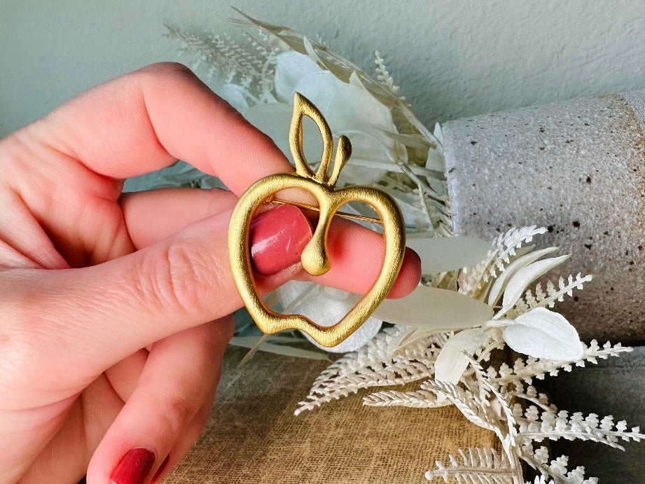 Gold Apple Brooch, Whimsical Vintage Brushed Gold Brooch, Perfect Teacher Gift for Back to School, Bookish Quirky Brooch, Cute Fruit Pin