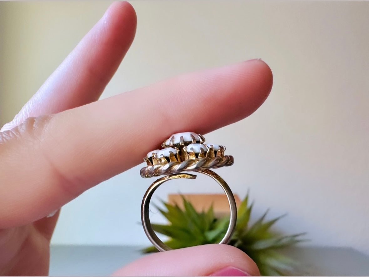 White Milk Glass Ring, Vintage Statement Ring, Vintage White Ring, Gold Tone Cocktail Ring, Chunky Retro Rhinestone Costume Ring