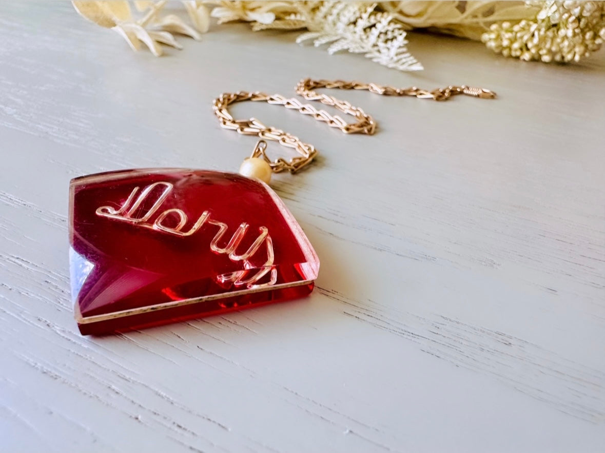 Doris Vintage Necklace, Clear + Red Lucite Diamond Shape Pendant Necklace, Personalized Doris Name Wire Work Faux Pearl, Gold Tone Chain