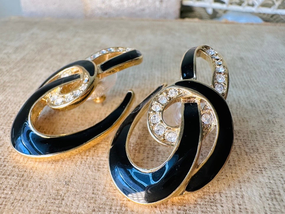 Vintage Trifari Earrings, Gorgeous Abstract Black Enamel and Rhinestone Earrings, Geometric Pierced Earrings, Deadstock Designer Vintage