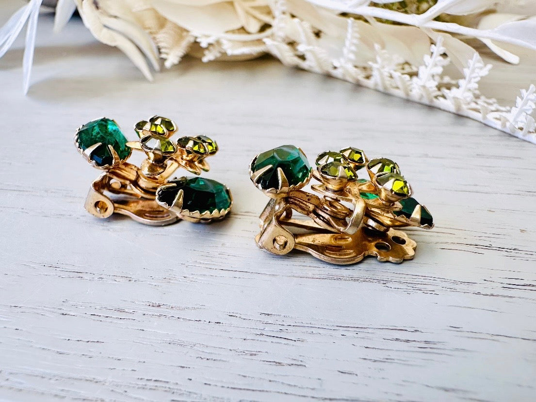 Emerald and Olive Vintage Rhinestone Earrings, Vintage 1960's Emerald Crystal Clip On Earrings, Unique Shape Marquis Navette Glam Jewelry