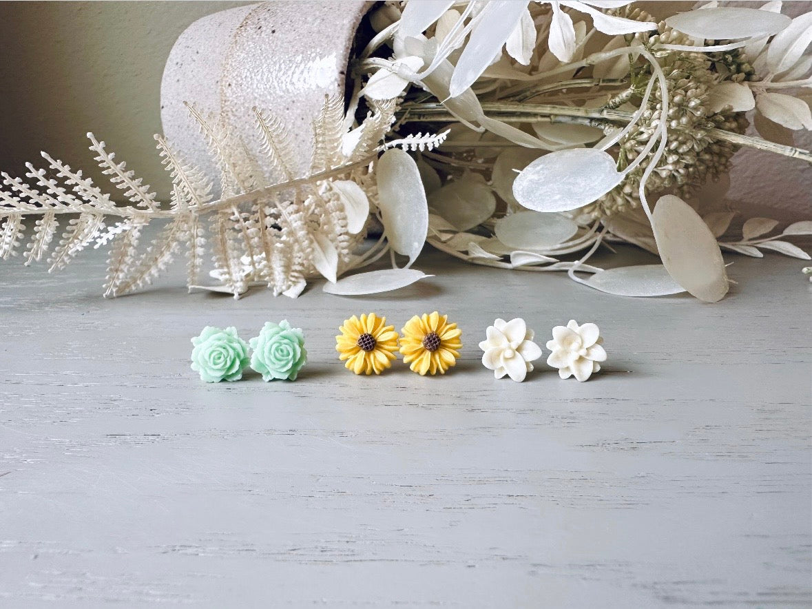 Spring Flower Earrings Gift Set, Yellow Gerber Daisy, Cream Lotus, Mint Rose, Cute Country Floral Hypoallergenic Surgical Steel Stud Earring