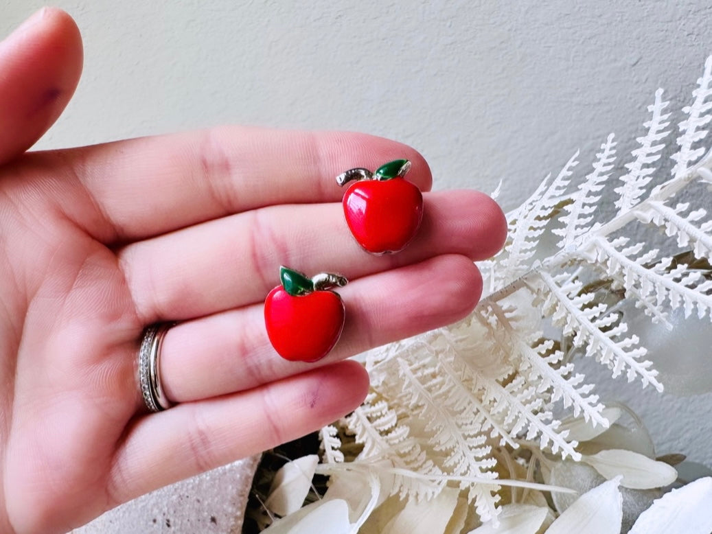 Red Apple Earrings, Vintage Apple Pierced Earrings, Small Enamel 1980's Earrings, Silver and Red Apple Stud Earring, Cute Teacher Gifts