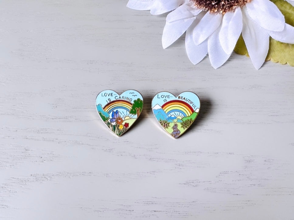 Vintage Rainbow Heart Pins Duo, Set of Two Rainbow Pins 1970s Vintage, Love is Caring, Love is Beautiful, Love is Love, Friendship Pride