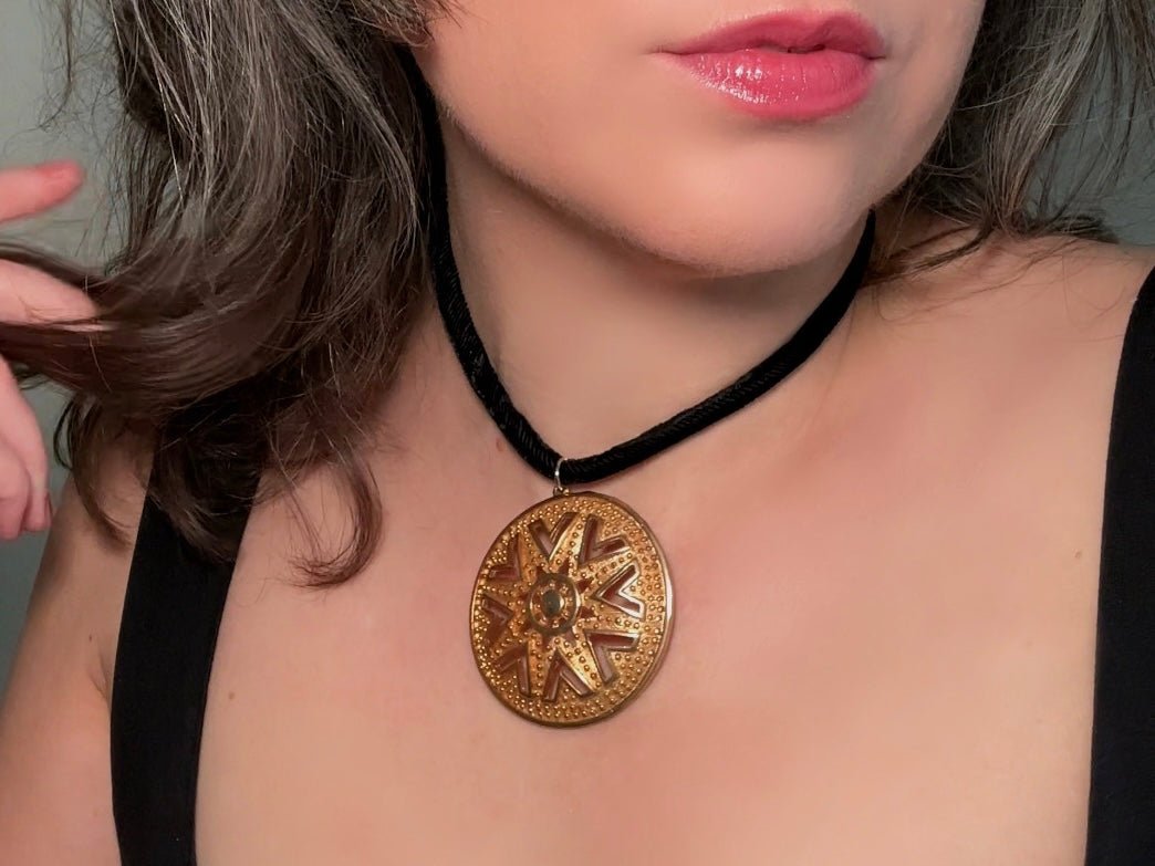 Black Velvet Choker Necklace with Gold Sunburst Pendant, Dramatic 1960's Choker with Lisner Huge Gold Medallion, Soft Velvet Rope Necklace