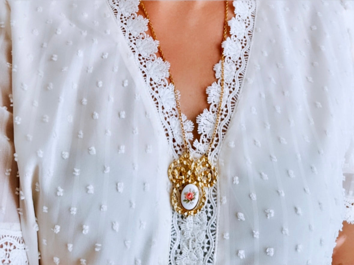 Bridgerton Rose Cameo Necklace, Vintage Gold Tone Floral Pendant Necklace, Cottagecore Porcelain Rose Flower Necklace, Long 24" Gold Chain Romantic Regency Era Necklace from Piggle and Pop
