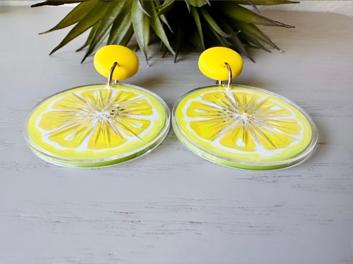 Bright Yellow Lemon Earrings, 1993 Tooty Fruity Summer Fruit Earrings, Vintage Acrylic Earrings, Big 90s Does 60s Retro Lemon Slice Earring