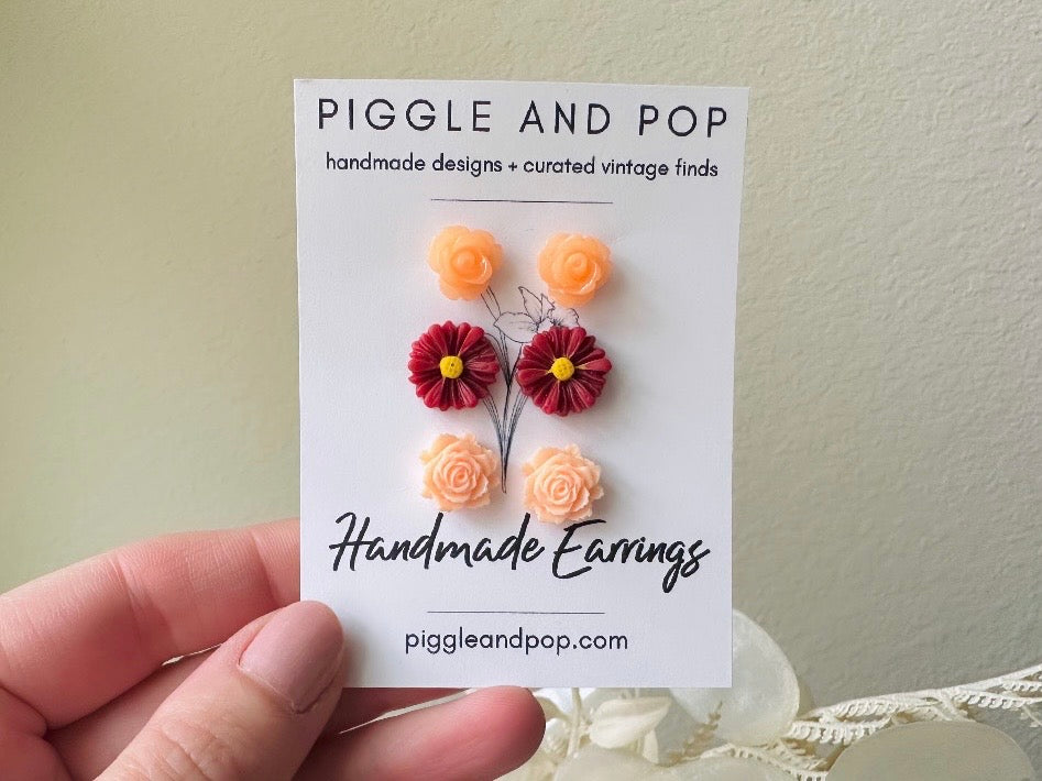 Flower Earrings Gift Set, Juicy Melon Rose, Deep Red Gerber Daisy, Summer Peach Rose, Cute Floral Hypoallergenic Post Earrings for Girls