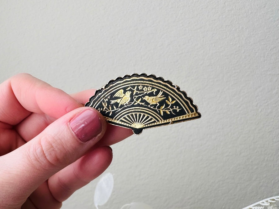Vintage Damascene Brooch, Black and Gold Floral Bird Pin, Etched Gold on Matte Black Intricate Fan Brooch