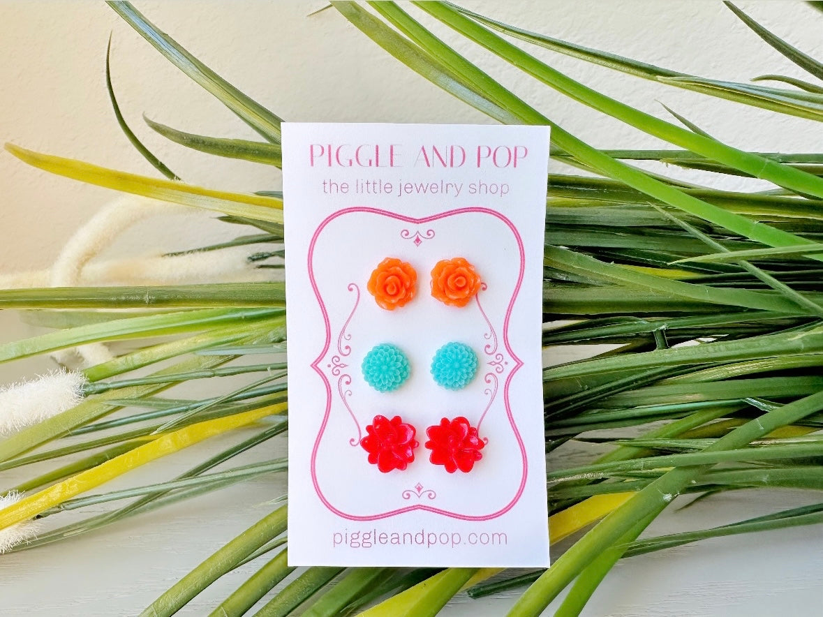 Flower Earring Stud Set, Flower Stud Earrings, Orange Rose Earrings, Aqua Dahlia Studs, Red Lotus Earrings, Hypoallergenic Surgical Steel FSE3