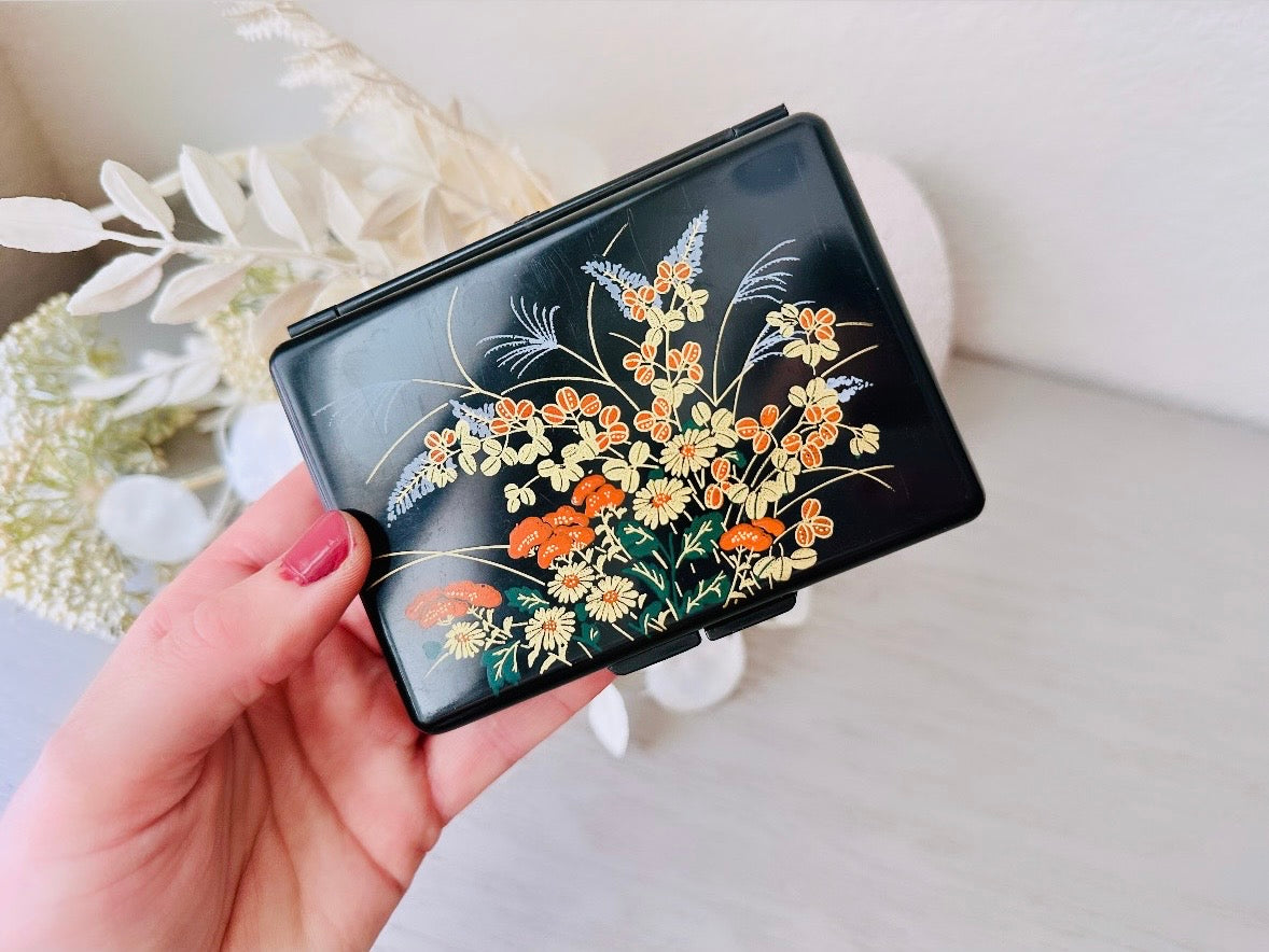 Vintage Jewelry Box, Mini Flower Travel Trinket Box, Black Laquer Plastic Floral Jewelry Box with Red Felt Dividers and Mirror, from 1984