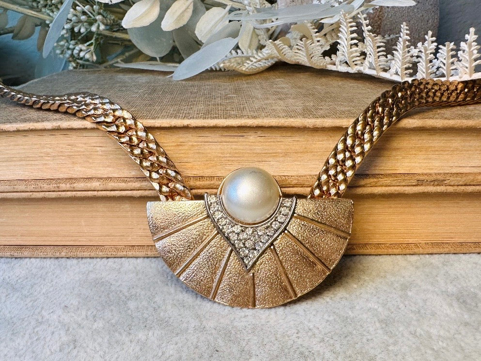 Art Deco Necklace, Vintage Park Lane Pendant Necklace w Gold Fan, 80s Pave Rhinestone Detail and Cream Pearl Cabochon, Chunky Chain Choker