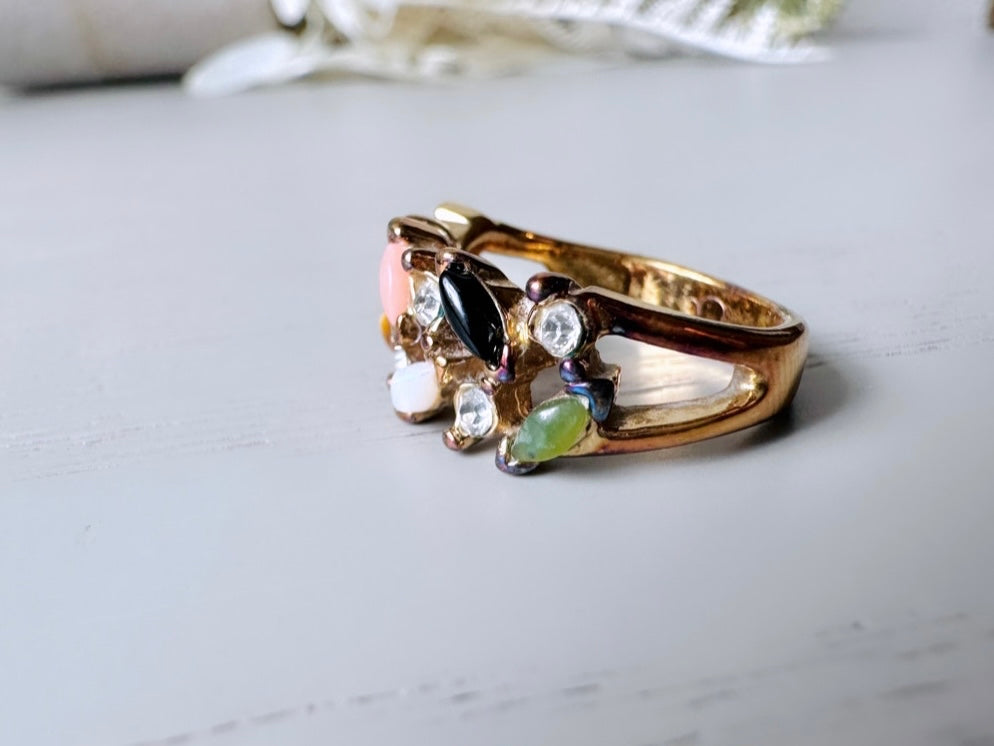 Multistone Vintage Statement Ring, Size 4.75 Fitted Ring, Tiny Marquise Cut Tiger's Eye, Jade, Carnelian, Opal and Diamond Rhinestone Ring