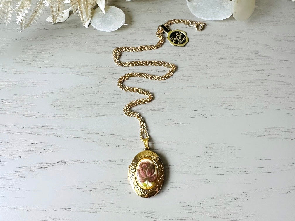 Flower Locket Necklace, Vintage Gold Chain with Plum Rose Cameo,