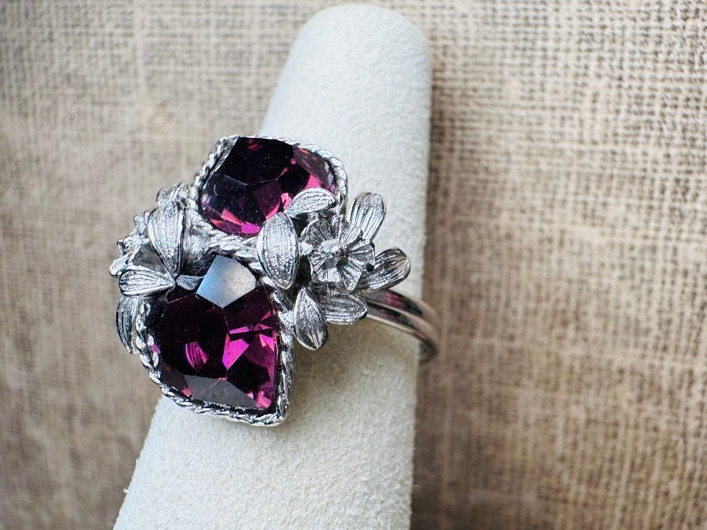 Vintage Heart Cocktail Ring, February Birthstone Purple Heart Ring, 1973 Amethyst and Silver Flowers Double Heart Love Story Sarah Coventry