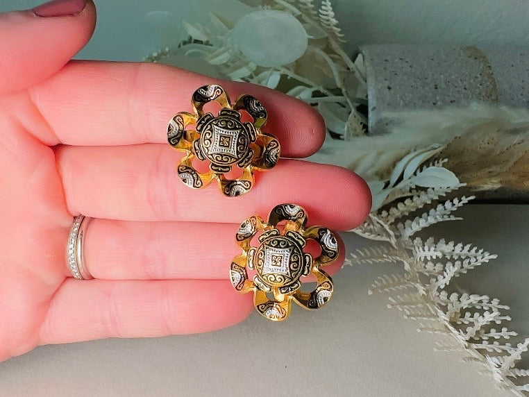 Vintage Damascene Earrings, Black and White Enamel Embossed Flower Shape Vintage Clip On Earrings, Made in Spain,
