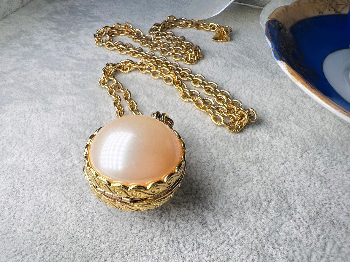 Pearl Locket Necklace, LCI Gold Locket Pearl Sphere Pendant Necklace, Long Gold Chain Vintage Liz Claiborne Pearl Locket Pendant