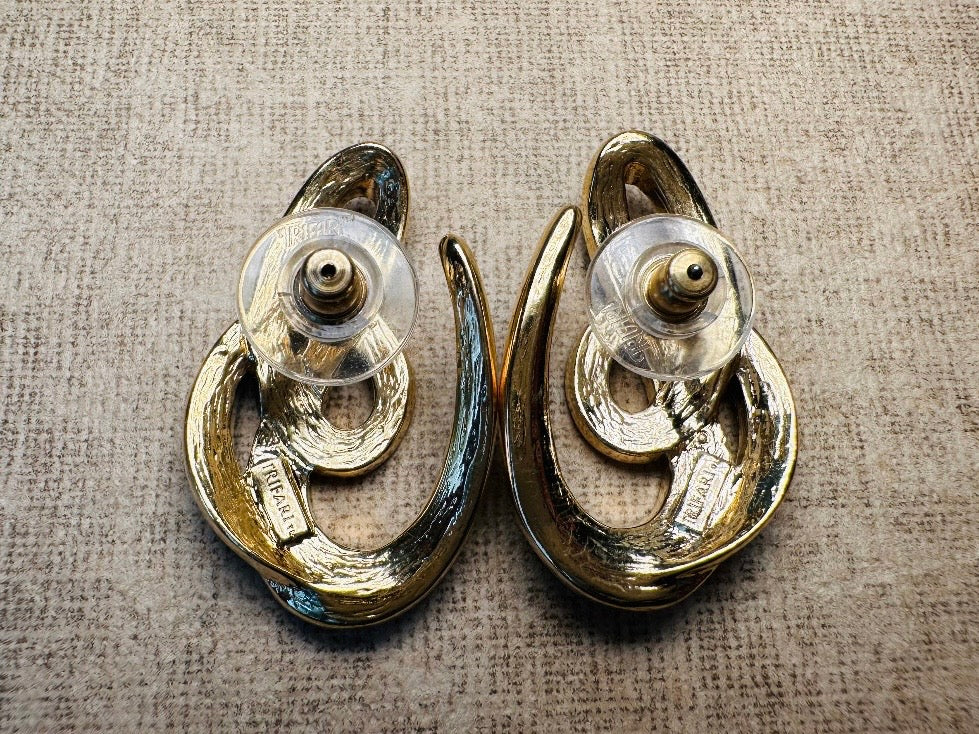 Vintage Trifari Earrings, Gorgeous Abstract Black Enamel and Rhinestone Earrings, Geometric Pierced Earrings, Deadstock Designer Vintage