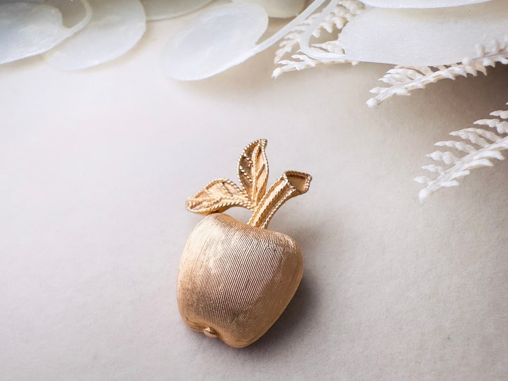 Gold Apple Brooch, 1974 Gilded Apple Vintage Brooch, Small Brushed Gold Understated Pin