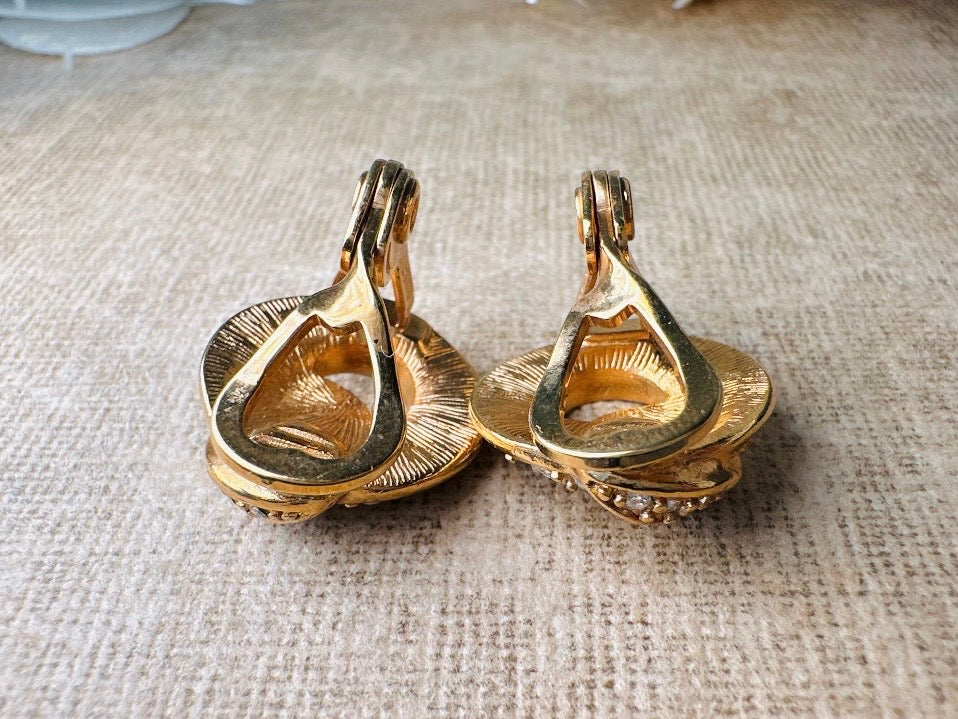 Vintage Monet Gold Knot Earrings with Diamond Rhinestones, Elegant Cocktail Clip On Earrings