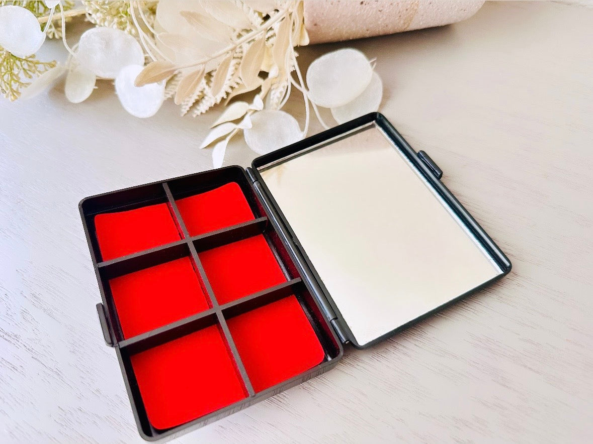 Vintage Jewelry Box, Mini Flower Travel Trinket Box, Black Laquer Plastic Floral Jewelry Box with Red Felt Dividers and Mirror, from 1984