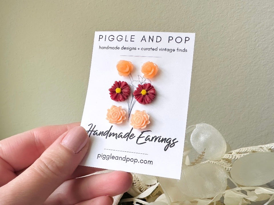 Flower Earrings Gift Set, Juicy Melon Rose, Deep Red Gerber Daisy, Summer Peach Rose, Cute Floral Hypoallergenic Post Earrings for Girls